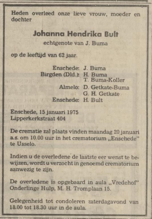 Lipperkerkstraat 404 J.H.Bult overloijdensadvertentie Tubantia 16-1-1975i.jpg