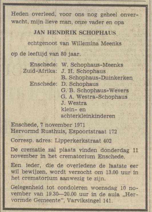 Lipperkerkstraat 402 J.H.Schophaus overlijdensadvertentie Tubantia 8-11-1971.jpg