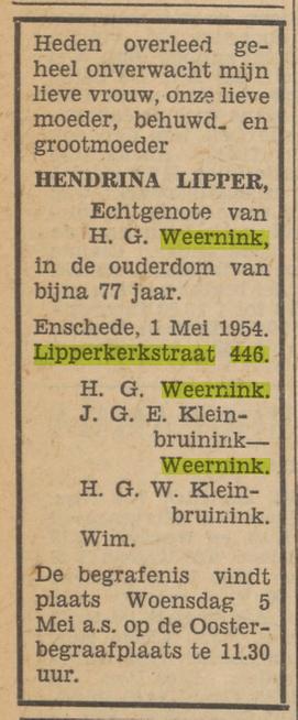 Lipperkerkstraat 446 H.Weernink-Lipper overlijdensadvertentie Tubantia 3-5-1954.jpg