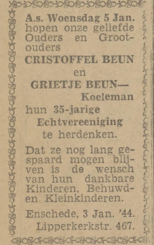 Lipperkerkstraat 467 Christoffel Beun advertentie Twentsch nieuwsblad 3-1-1944.jpg