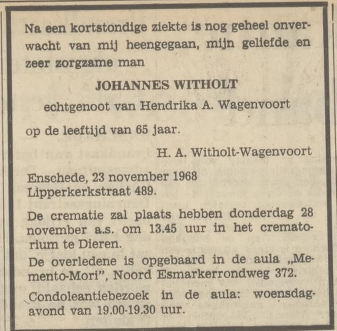 Lipperkerkstraat 489 Johannes Witholt overlijdensadvertentie Tubantia 26-11-1968.jpg