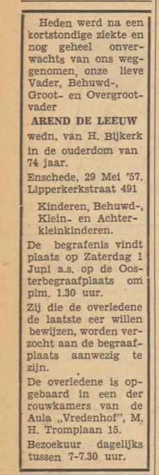 Lipperkerkstraat 491 A. de Leeuw overlijdensadvertentie Tubantia 29-5-1957.jpg