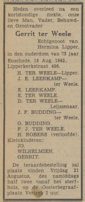 Lipperkerkstraat 496 Gerrit ter Weele echtgenoot van Hermina Lipper overlijdensadvertentie Tubantia 19-8-1942.jpg