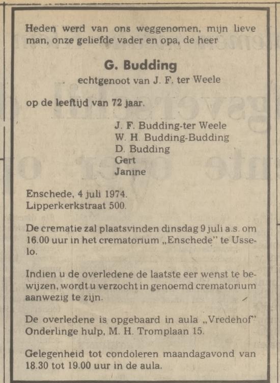 Lipperkerkstraat 500 G.Budding overlijdensadvertentie Tubantia 8-7-1974.jpg