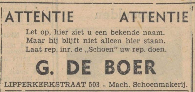 Lindestraat 503 schoenmakerij G. De Boer advertentie Tubantia 22-9-1947.jpg