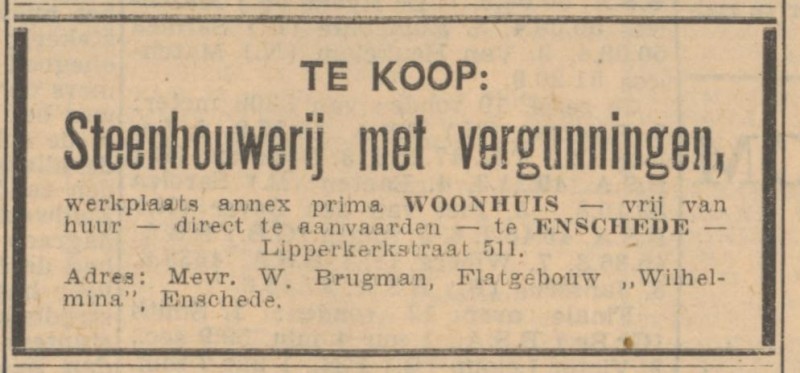 Lipperkerkstraat 511 Steenhouwerij W. Brugman advertentie Algemeen Handelsblad 14-6-1954.jpg
