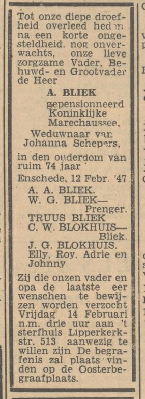 Lipperkerkstraat 513 A.Bliek overlijdensadvertentie Tubantia 12-2-1947.jpg