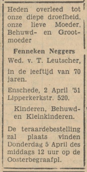Lipperkerkstraat 520 Wed. F. Leutscher-Neggers overlijdensadvertentie Tubantia 3-4-1951.jpg