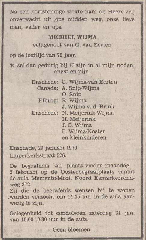 Lipperkerkstraat 526 Michiel Wijma overlijdensadvertentie Tubantia 30-1-1970.jpg