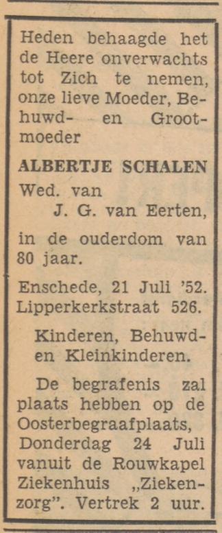 Lipperkerkstraat 526 Wed. A. van Eerten-Schalen overlijdensadvertentie Tubantia 22-7-1952.jpg