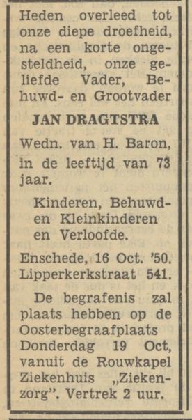 Lipperkerkstraat 541 Jan Dragstra overlijdensadvertentie Tubantia 17-10-1950.jpg