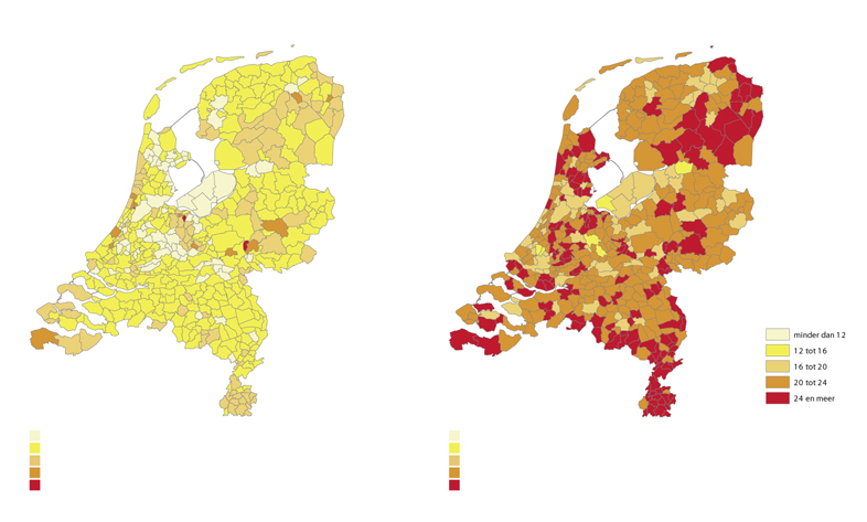 Aandeel 65+ in 2005 en 2025 volgens CBS.